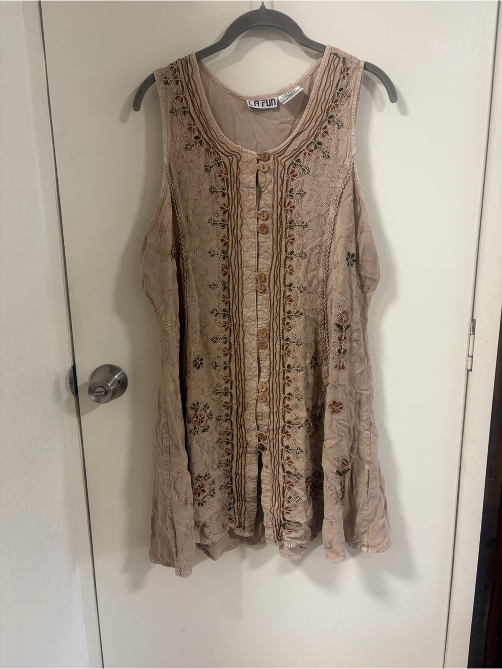 Beige Embroidered Sleeveless Tunic Dress/ Shirt